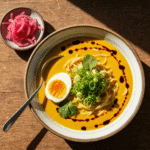 Spicy Coconut Curry Ramen 6 Spicy coconut curry ramen with soft boiled egg and chili oil