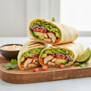 Spicy grilled chicken wrap with chipotle mayo and fresh ingredients