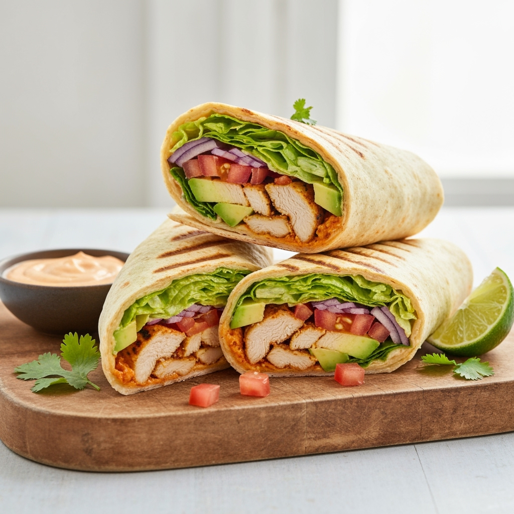 Spicy grilled chicken wrap with chipotle mayo and fresh ingredients