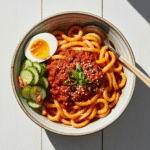 Quick and Easy 5 Minute Chili Udon Recipe 8 Spicy chili udon noodles with soft boiled egg recipe