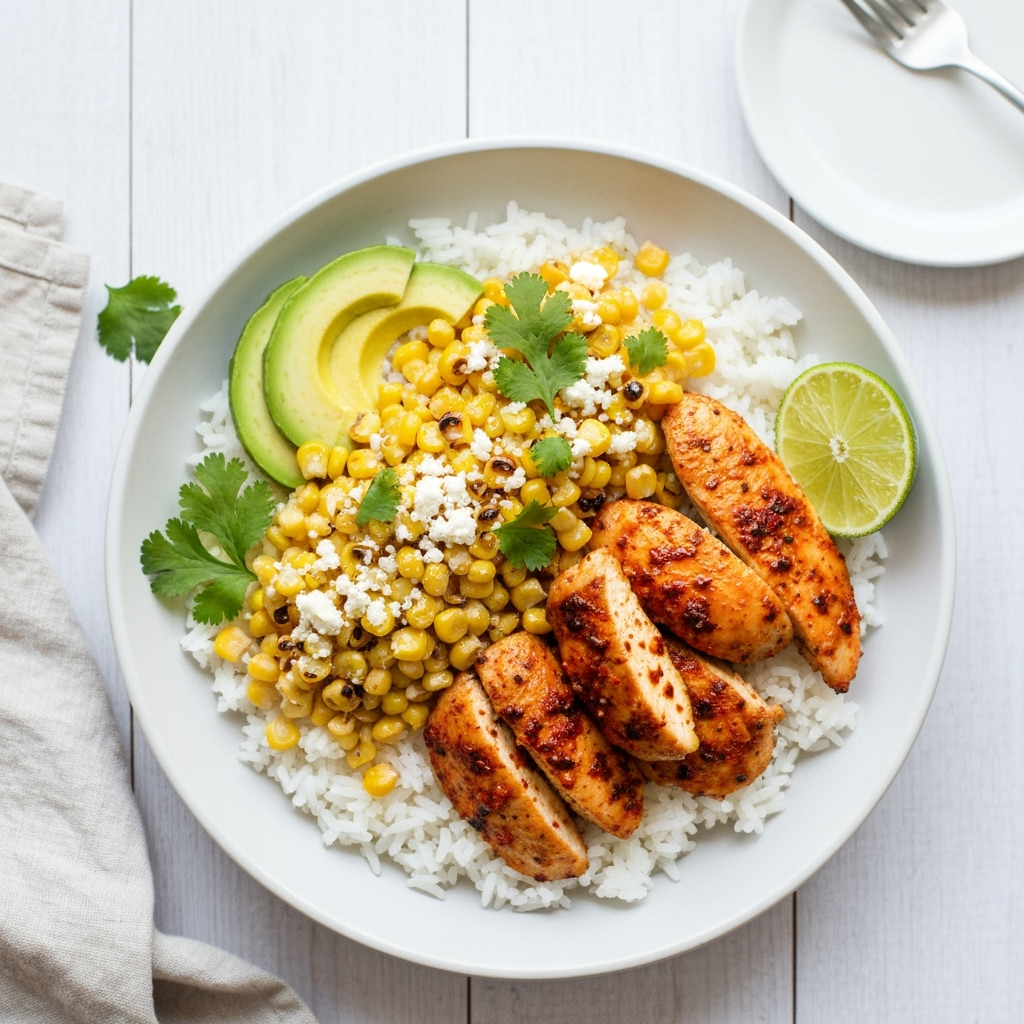 Street corn chicken rice bowl with avocado and lime.