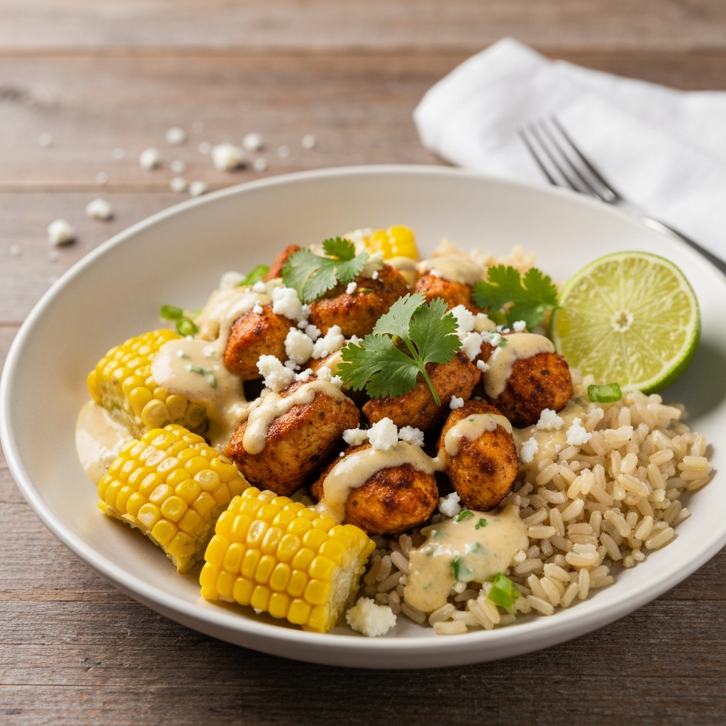 High protein street corn chicken rice bowl recipe
