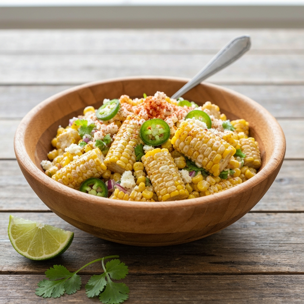 Summer street corn salad in a rustic wooden bowl.