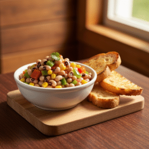 Texas caviar recipe with colorful tortilla chips and vegetables