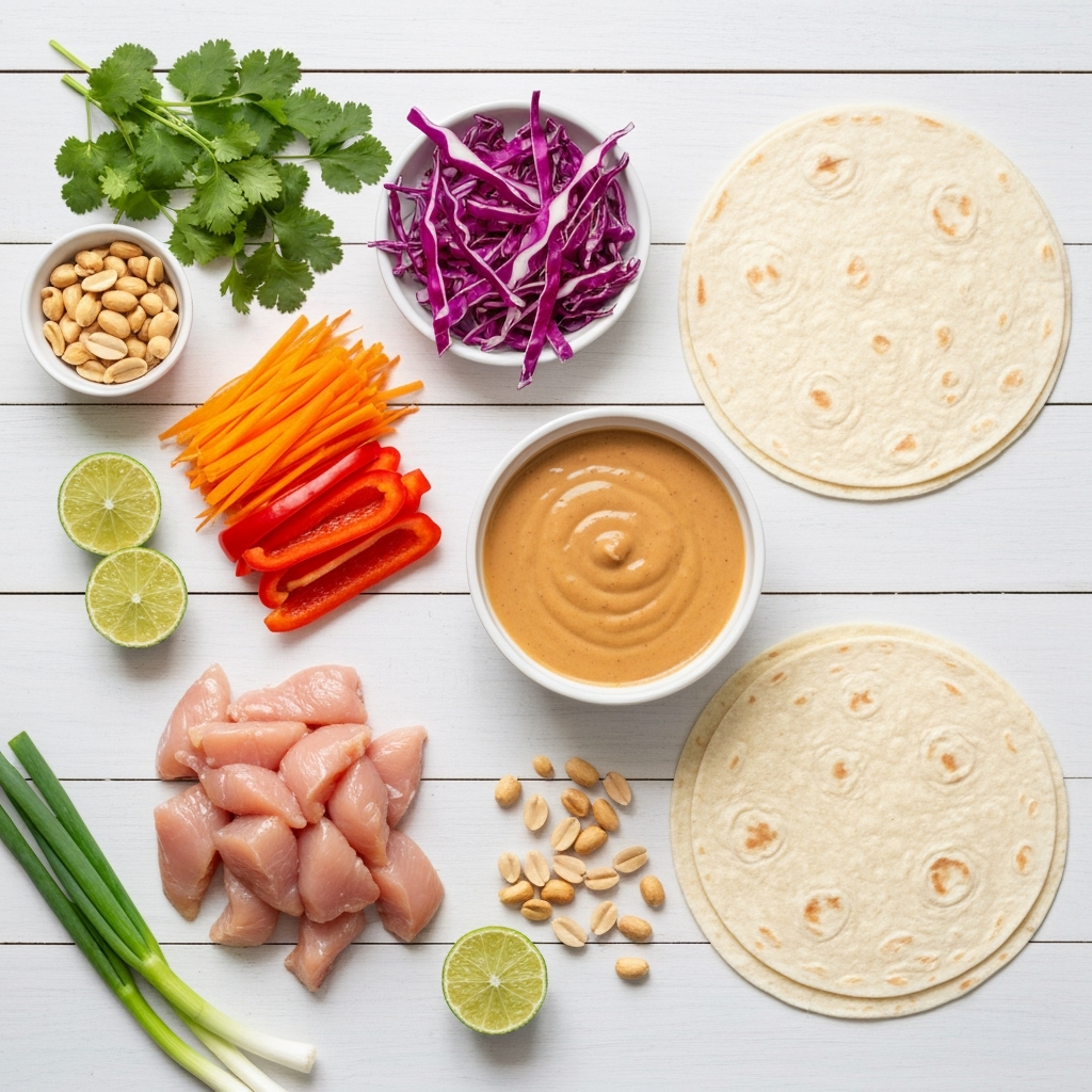 Thai Peanut Chicken Wraps 5 thai peanut chicken wrap ingredients flat lay 2025 10 02T215919.154Z 1