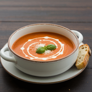 Creamy tomato parmesan soup in rustic ceramic bowl