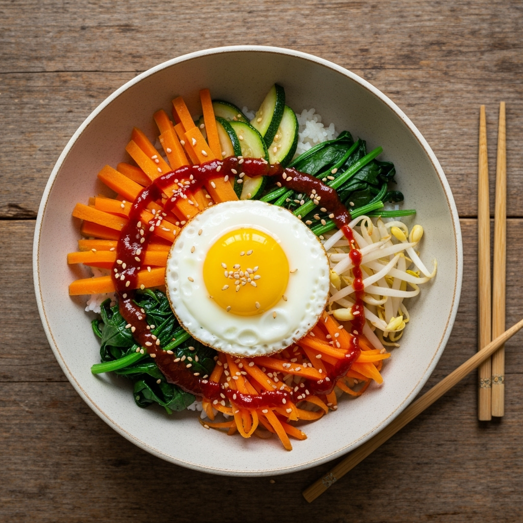 Vibrant Korean bibimbap bowl with colorful vegetables and gochujang sauce.