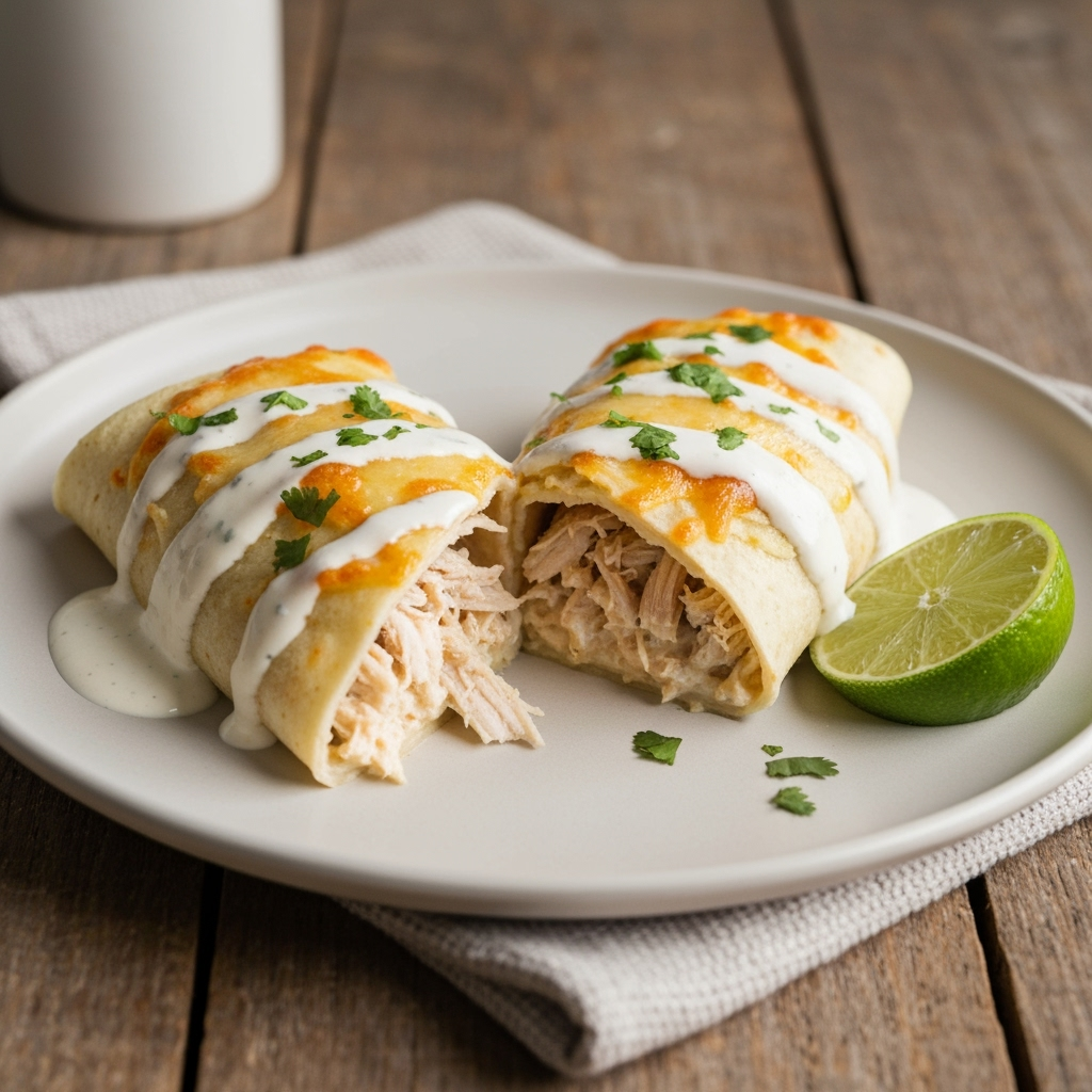 Creamy white chicken enchilada recipe with melted cheese.