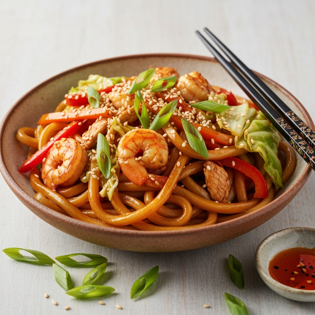 Vibrant yaki udon noodles stir fry with shrimp and chicken