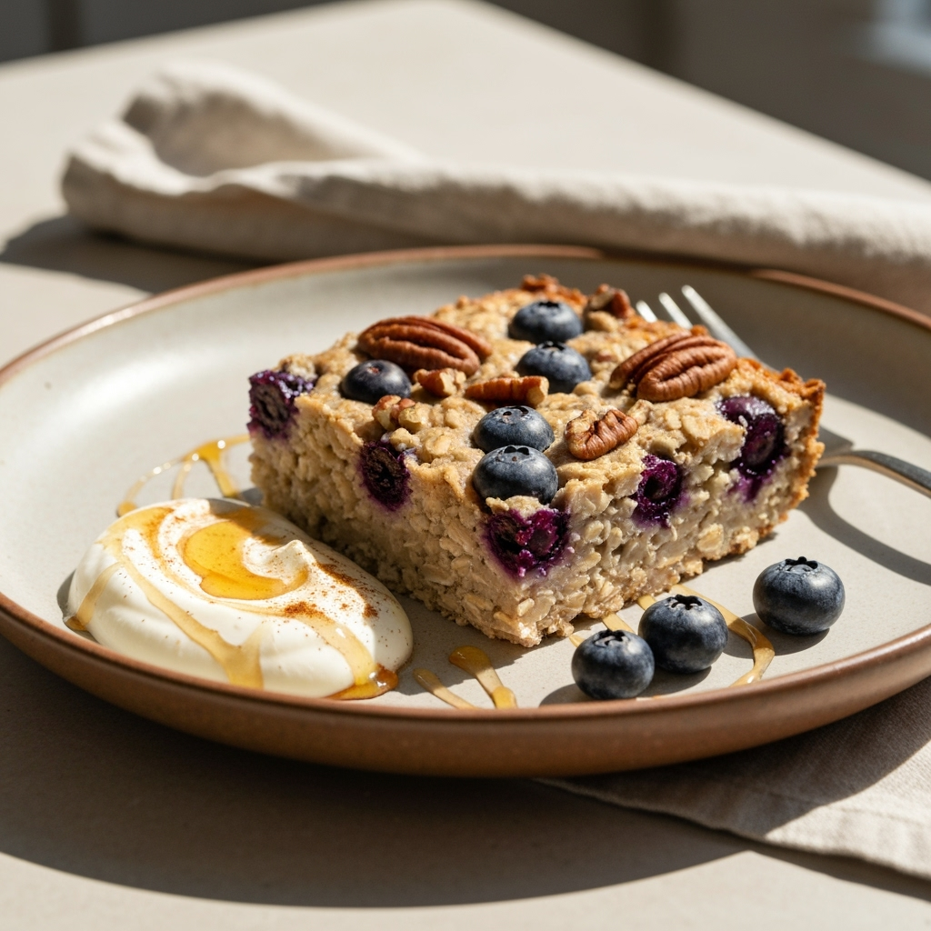 Make-Ahead Protein Oatmeal Bake for Busy Mornings 6 protein oatmeal bake blueberries yogurt 2025 10 07T135602.447Z