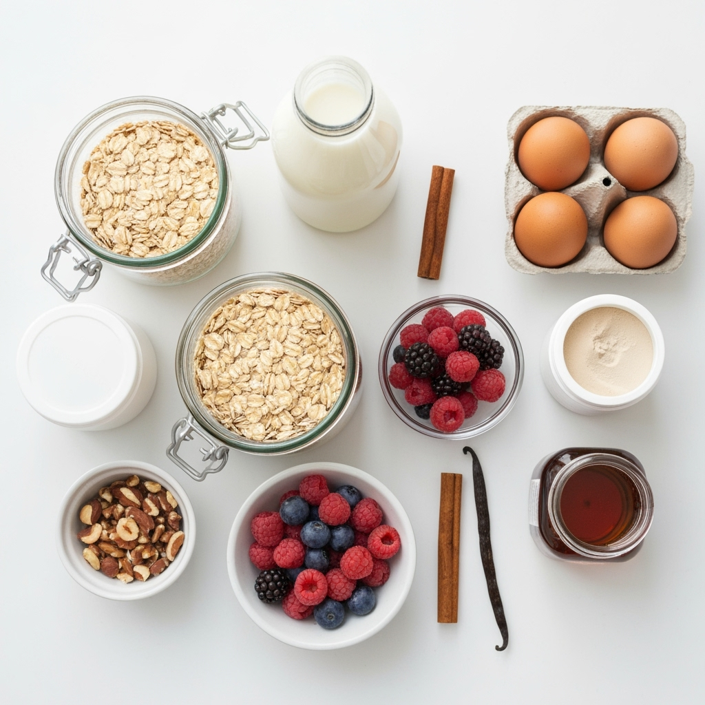 Make-Ahead Protein Oatmeal Bake for Busy Mornings 5 protein oatmeal bake ingredients overhead 2025 10 07T135536.188Z