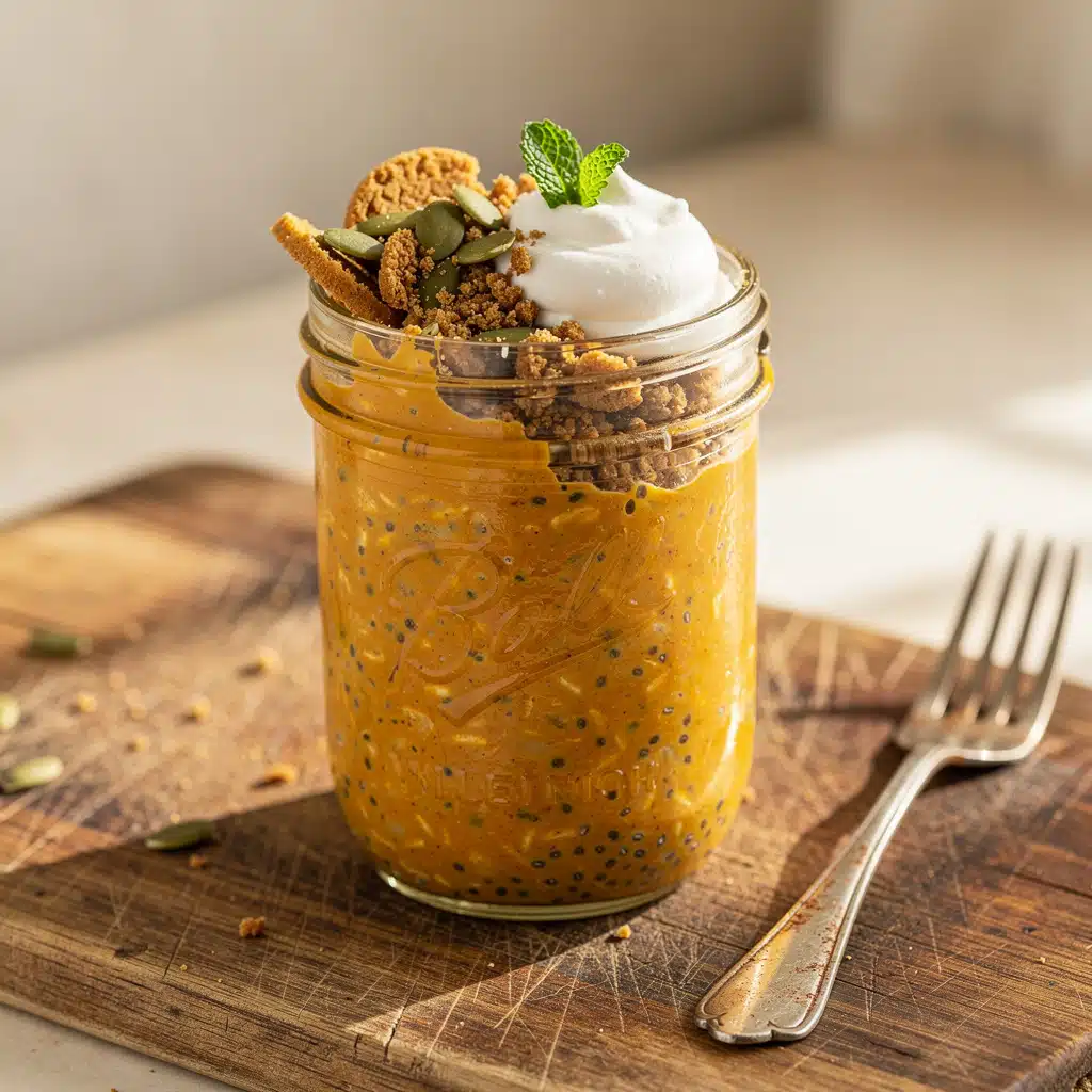 Creamy pumpkin pie overnight oats with chia seeds in a glass jar.