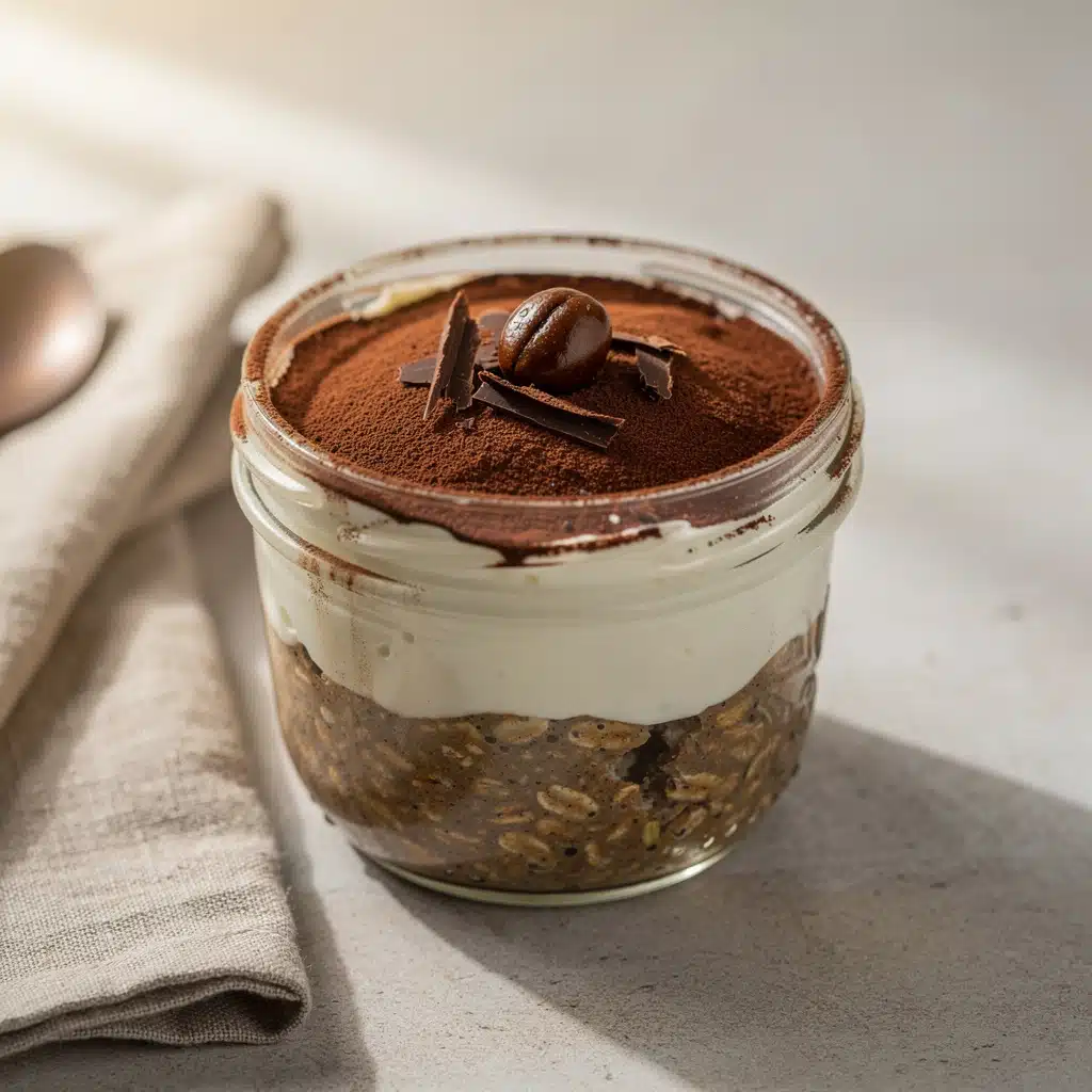 Tiramisu overnight oats in a jar with creamy layers and cocoa dusting