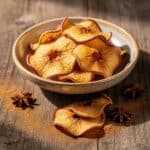 Crispy air fryer cinnamon apple chips on a rustic wooden board