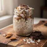 Almond Joy overnight oats in a jar with chocolate and coconut toppings.