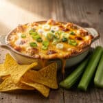 Golden bubbly RedHot Buffalo Chicken Dip with chips and celery for dipping.