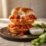 Juicy buffalo chicken sliders with melted cheese and creamy ranch dressing.