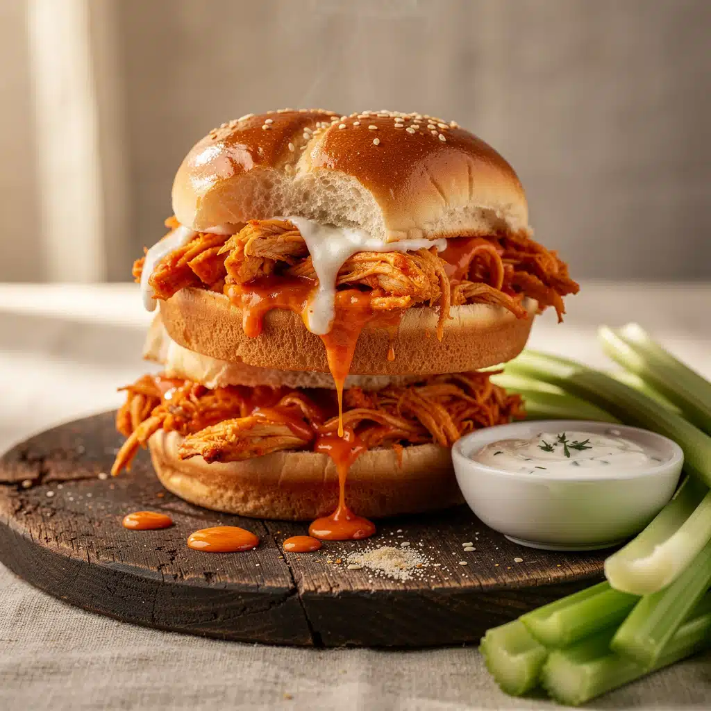 Juicy buffalo chicken sliders with melted cheese and creamy ranch dressing.