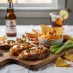 Easy appetizer recipes for game day snacking with cheesy bruschetta and buffalo chicken dip