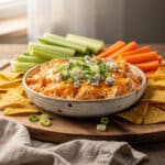 Creamy crock pot buffalo chicken dip with cheese and fresh vegetable dippers.