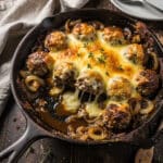 Cheesy French onion meatballs in a rich gravy with melted Gruyère cheese.