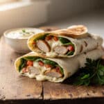Cheesy garlic chicken wraps with creamy filling on a rustic wooden board.