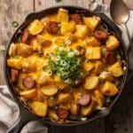 Cheesy ranch potatoes and smoked sausage in a cast iron skillet