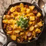 Cheesy ranch potatoes and smoked sausage in a cast iron skillet