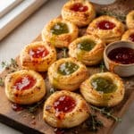 Golden cheesy thumbprint appetizers filled with glistening hot pepper jelly.
