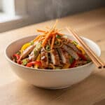 Easy chicken lo mein recipe with noodles, chicken, and colorful vegetables in a bowl.