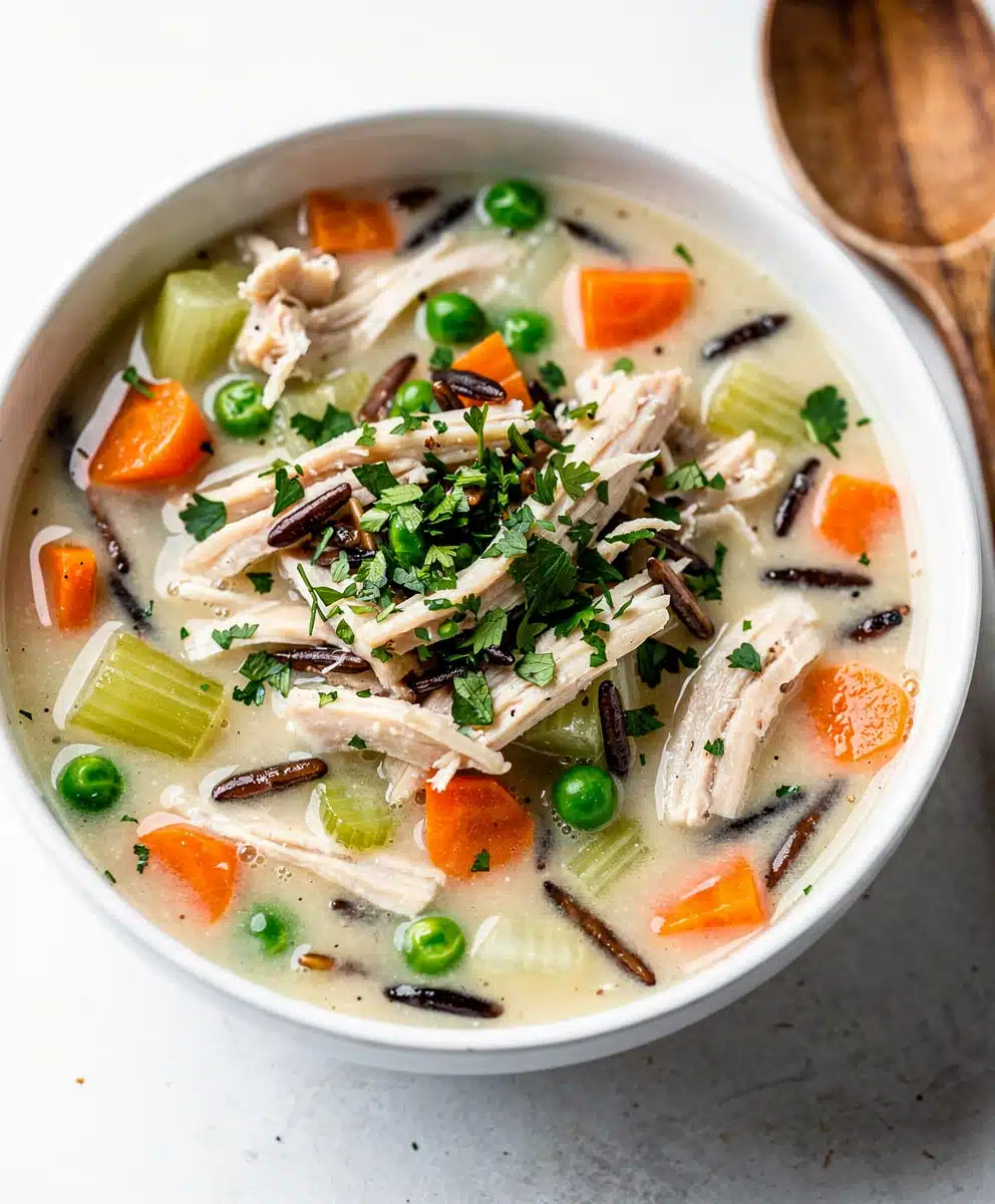 Chicken and Wild Rice Soup 7 Creamy chicken and wild rice soup with vegetables in a rustic bowl