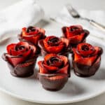 Chocolate covered strawberry roses are a beautiful homemade dessert for Valentine's Day