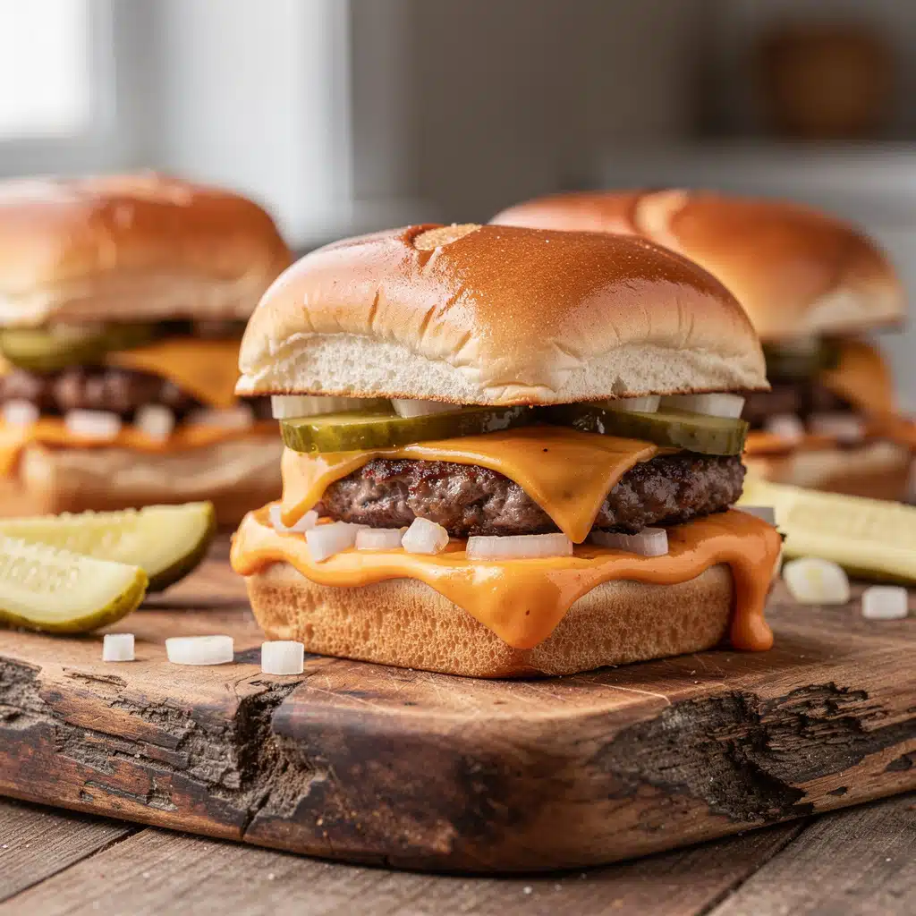 Copycat Big Mac Sliders with melted cheese and special sauce on Hawaiian rolls.