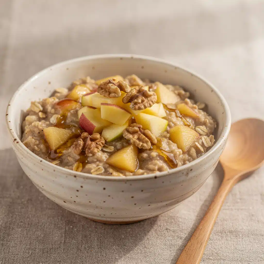 Creamy apple cinnamon oatmeal in a rustic bowl with walnuts and maple syrup