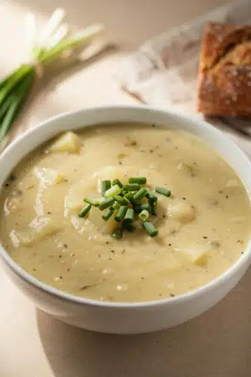 Creamy potato leek soup in a rustic bowl garnished with fresh green chives