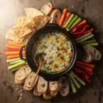 Creamy spinach artichoke dip in a crockpot with assorted dippers for entertaining.