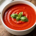 Creamy tomato basil soup garnished with cream and a fresh basil leaf.