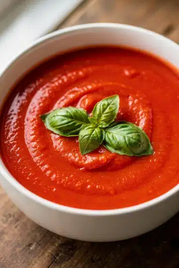 Creamy tomato basil soup garnished with cream and a fresh basil leaf.