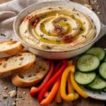 Creamy white bean and lemon dip with fresh thyme and colorful dippers.