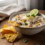 Creamy white chicken chili recipe with avocado, cheese, and cilantro garnish.