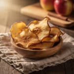 Crispy air fryer cinnamon apple chips on a rustic wooden board.