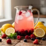 Vibrant pink Valentine's lemonade mocktail with fresh berries and mint.