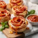 Easy Valentine's pizza roses with pepperoni and cheese in muffin tin