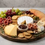 Football themed cheese board with abundant meats, cheeses, fruits, and crackers for game day.