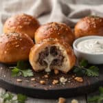 Golden baked cheeseburger bombs with garlic parmesan beef filling and ranch dip.
