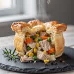 Golden puff pastry crust reveals creamy turkey and vegetable pot pie filling.