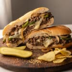 A ground beef Philly cheesesteak sandwich with melted cheese and vegetables.
