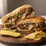 A ground beef Philly cheesesteak sandwich with melted cheese and vegetables.
