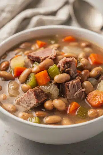 Hearty ham and bean soup recipe in a rustic bowl with fresh bread.
