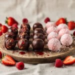 No bake healthy Valentine treats with chocolate dipped strawberry energy bites.